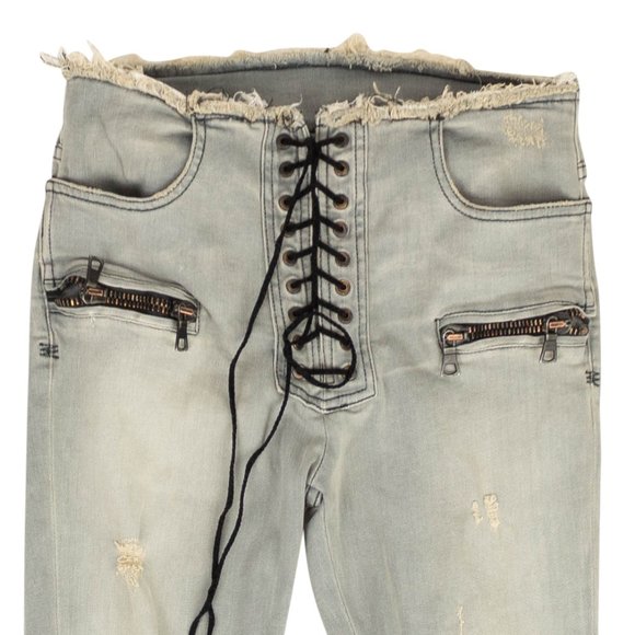 NEW UNRAVEL PROJECT Blue Distressed Denim Lace Up Skinny Jeans Size 27 $875 - Picture 2 of 4